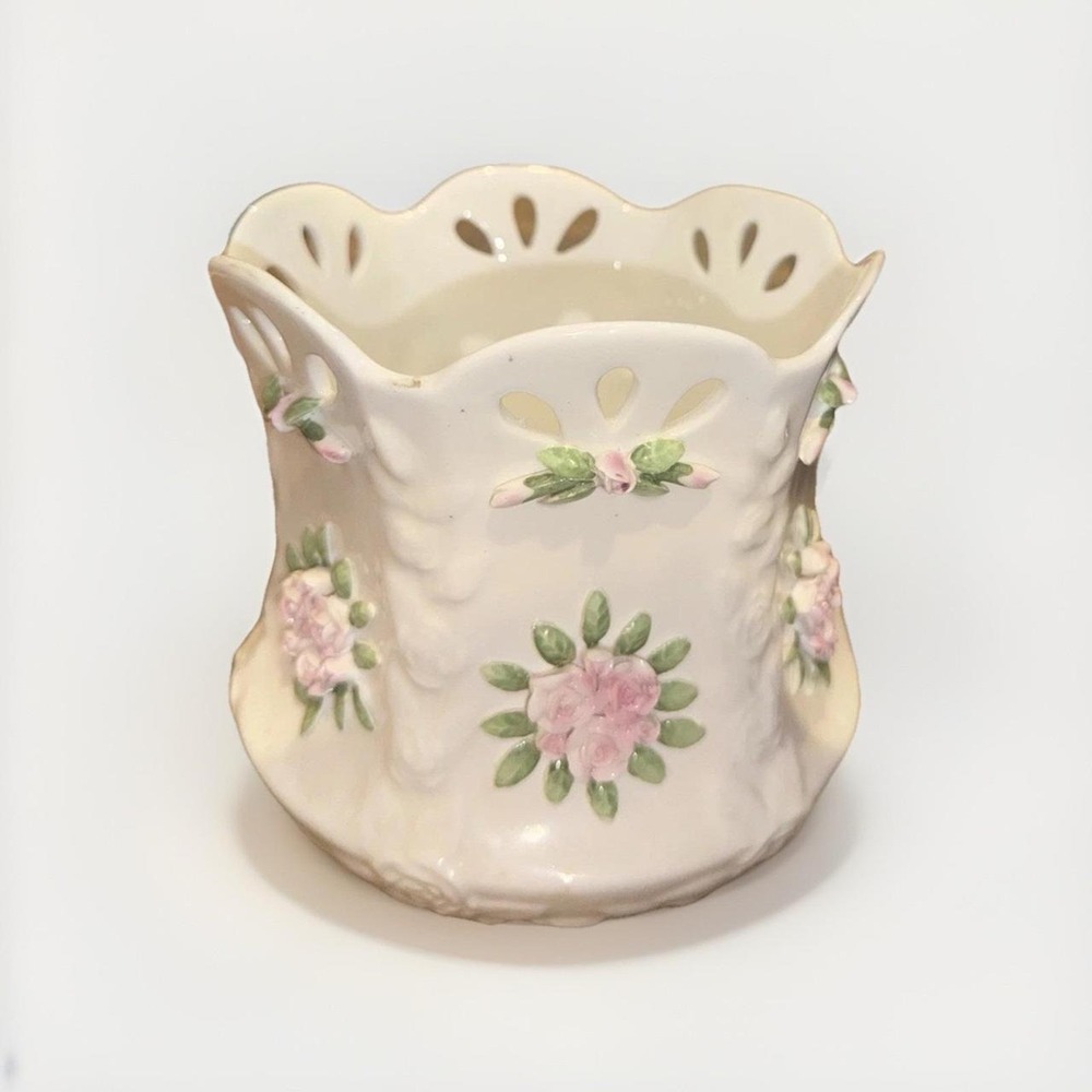 Fine Bone China Applied Pink Rose Reticulated Scalloped Bowl Made in Philippines - Picture 1 of 5